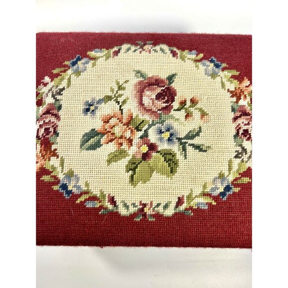 Mahogany Footstool Floral Needlepoint Cushion Foot Rest Vintage Flowers Burgandy - Picture 4 of 16